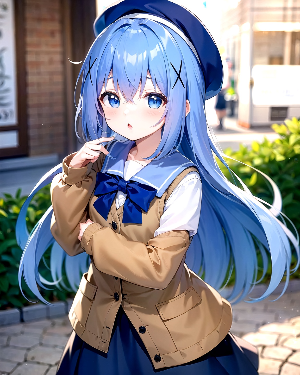 ,<lora:香风智乃80SD15:1>,kafuu chino,1girl,solo,long hair,looking at viewer,blush,bangs,blue eyes,skirt,shirt,hair ornament,hat,long sleeves,hair between eyes,very long hair,school uniform,blue hair,white shirt,pleated skirt,small breasts,parted lips,hand up,sailor collar,:o,character name,blurry,vest,blue skirt,depth of field,blurry background,beret,x hair ornament,blue headwear,white sailor collar,chestnut mouth,blue vest,string of flagst mouth, blue vest, string of flags, masterpiece, best quality