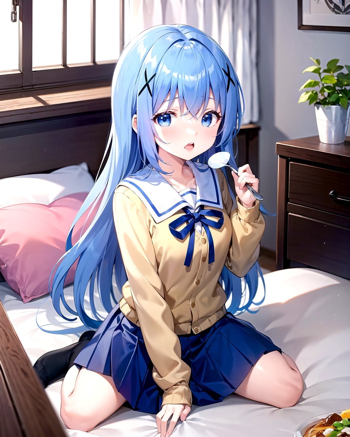 <lora:香风智乃80SD15:1>,kafuu chino,1girl,solo,long hair,looking at viewer,blush,open mouth,blue eyes,skirt,shirt,hair ornament,holding,sitting,school uniform,blue hair,food,socks,indoors,pillow,bed,wariza,x hair ornament,curtains,white socks,spoon,feeding,holding spoon,incoming foodlding spoon, incoming food, masterpiece, best quality, masterpiece, best quality