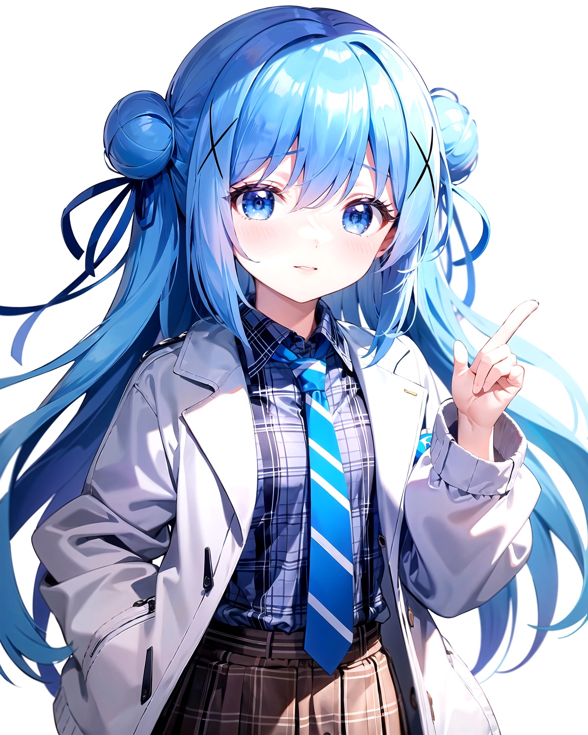 <lora:香风智乃80SD15:1>,kafuu chino,1girl,solo,long hair,looking at viewer,blush,bangs,blue eyes,skirt,simple background,shirt,hair ornament,long sleeves,white background,bow,very long hair,blue hair,jacket,hair bow,open clothes,necktie,hairclip,striped,collared shirt,bag,hair bun,open jacket,plaid,double bun,plaid skirt,white jacket,x hair ornament,blue shirtet, x hair ornament, blue shirt, masterpiece, best quality, masterpiece, best quality