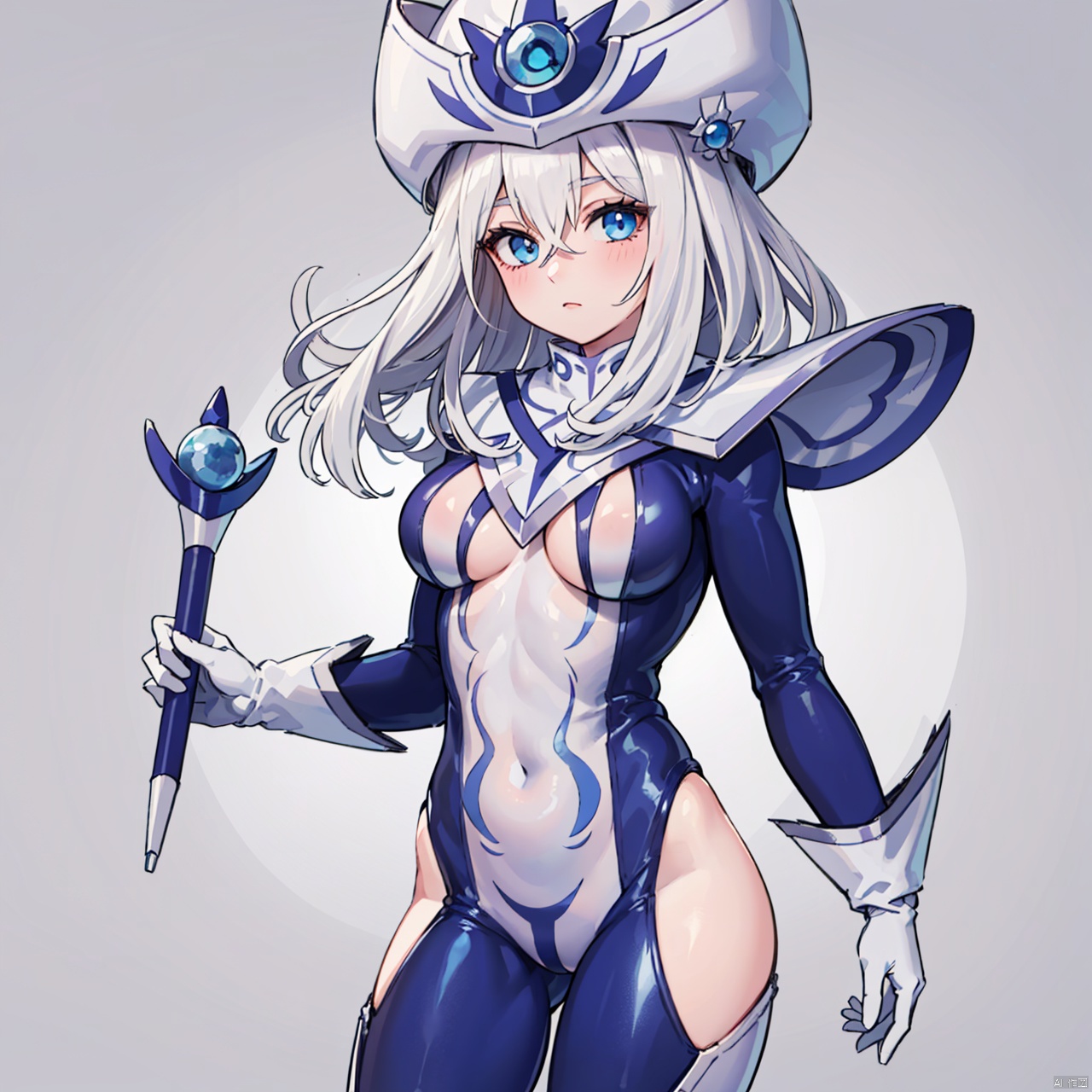  masterpiece, bestquality, Silent Magician, 1girl, solo, long hair, breasts, looking at viewer, blue eyes, blonde hair, gloves, hat, hair between eyes, medium breasts, white hair, pants, white gloves, bodysuit, white headwear, skin tight, impossible clothes, hip vent, wizard hat