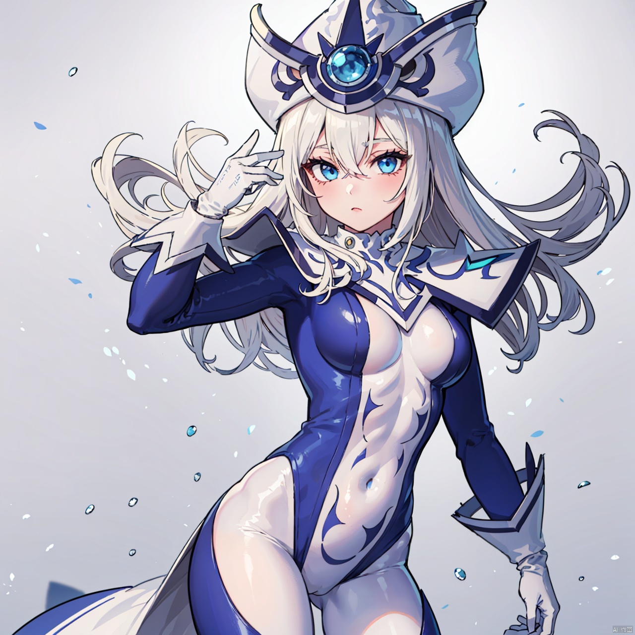  masterpiece, bestquality, Silent Magician, 1girl, solo, long hair, breasts, looking at viewer, blue eyes, blonde hair, gloves, hat, hair between eyes, medium breasts, white hair, pants, white gloves, bodysuit, white headwear, skin tight, impossible clothes, hip vent, wizard hat