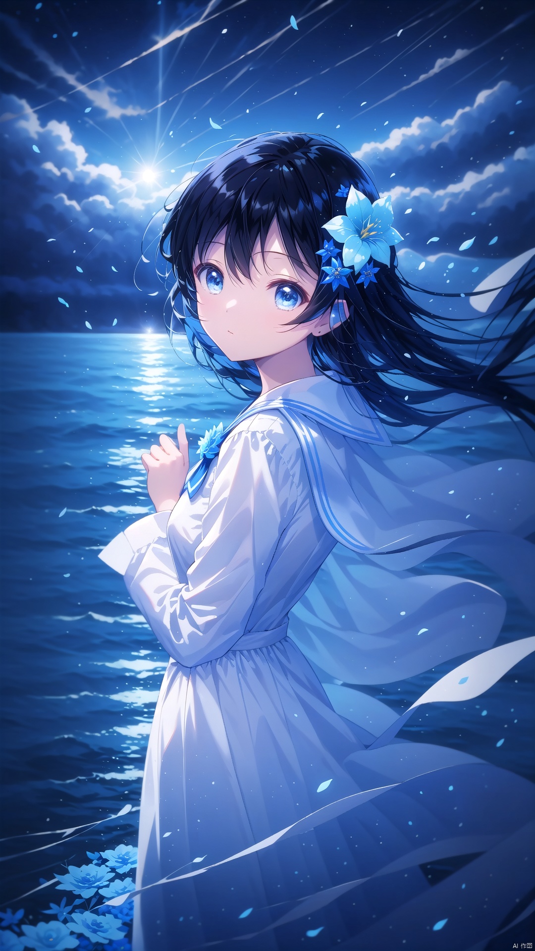  tianliang duohe fangdongye,chen bin,omone,,（(masterpiece, best quality)),beautifuldetailedlighting,1girl, solo, long hair, looking at viewer, bangs, blue eyes, black hair, hair ornament, long sleeves, dress, bow, closed mouth, flower, outdoors, sky, cloud, hair flower, sailor collar, water, from side, blue sky, capelet, ocean, cloudy sky, blue flower, blue theme, horizon