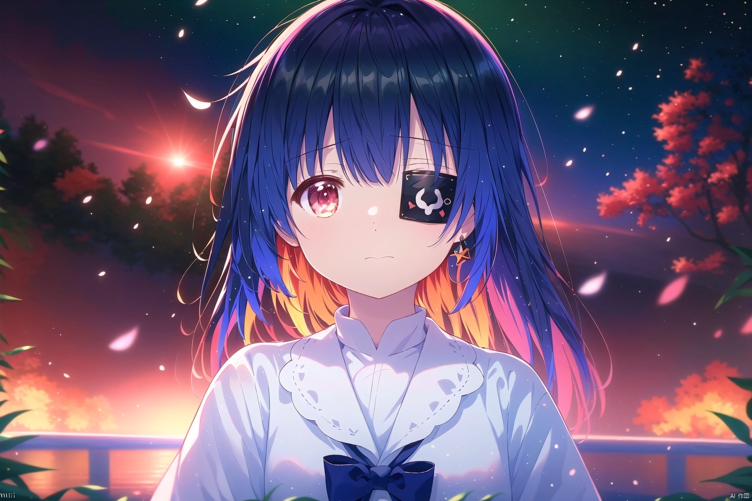  (masterpiece), (best quality), illustration, ultra detailed, hdr, Depth of field, (colorful),[miwano rag],[wlop],[[wakaba]],[haneru],deyui, 1girl, eyepatch, virtual youtuber, looking at viewer, solo, :}