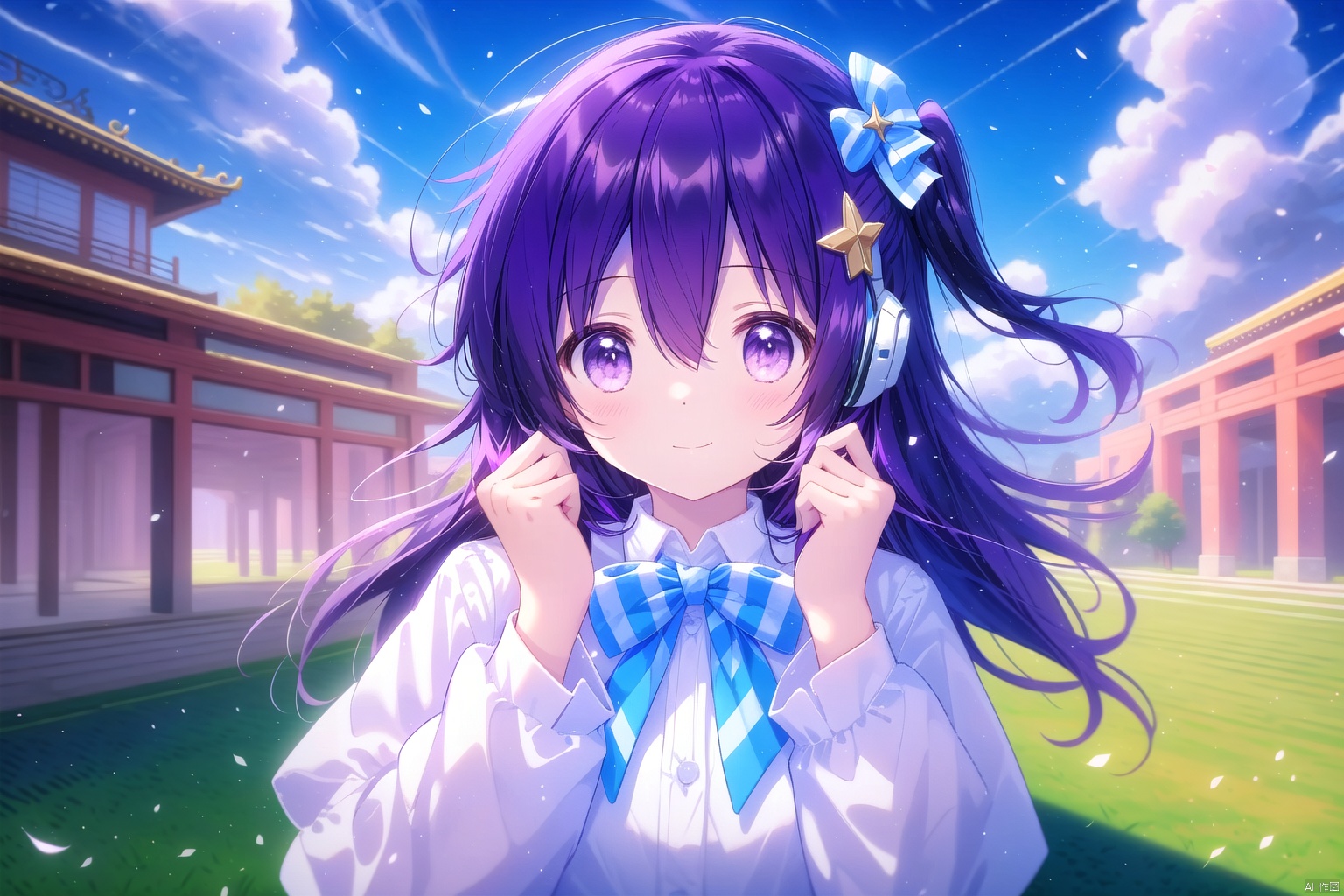 tianliang duohe fangdongye,chen bin,omone,,（(masterpiece, best quality)),beautifuldetailedlighting,1girl, 1girl, solo, long hair, breasts, looking at viewer, blush, smile, bangs, shirt, hair ornament, long sleeves, bow, hair between eyes, medium breasts, closed mouth, purple eyes, white shirt, upper body, hair bow, outdoors, sky, day, hairclip, striped, puffy sleeves, collared shirt, cloud, bowtie, star \(symbol\), vest, two side up, blue sky, hands up, black bow, headphones, cloudy sky, purple bow, striped bow, purple bowtie