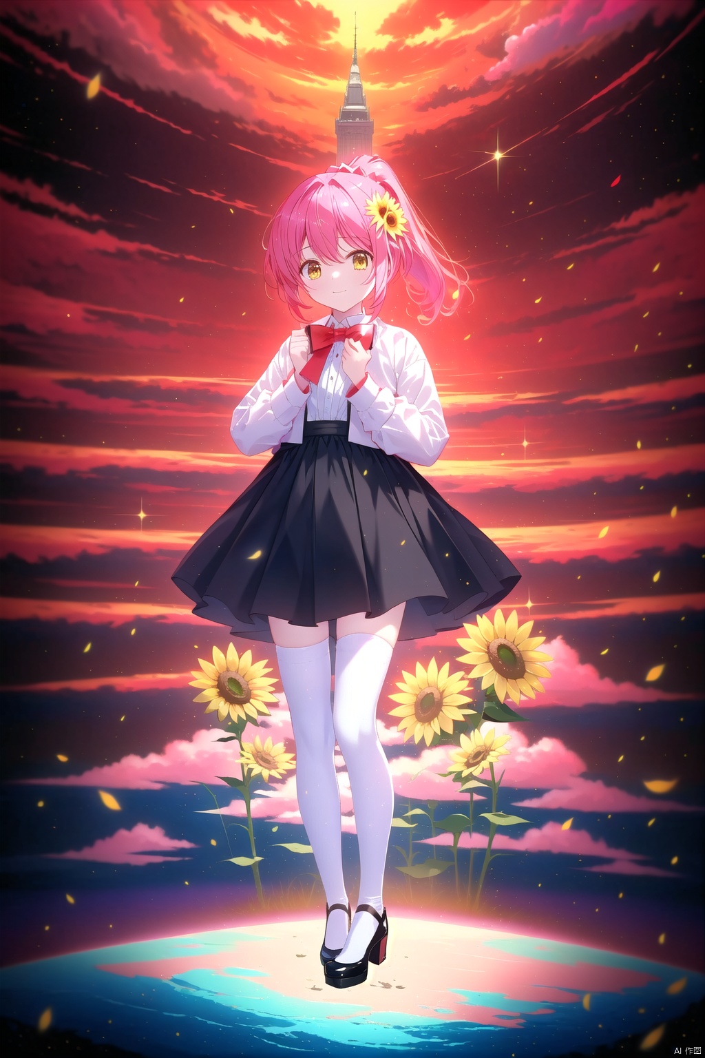  tianliang duohe fangdongye,chen bin,omone,,（(masterpiece, best quality)),beautifuldetailedlighting, (best quality),((masterpiece)),(highres),standing,(full body),(black thighhighs),original,extremely detailed wallpaper,(an extremely delicate and beautiful),(loli:1.2),(petite:1.2),Pink hair,Yellow eyes,(red Jacket),high ponytail,white collared shirt,hair flower,fipped hair,floating hair,Frown,hands in pockets,black dress,red bowtie,(solo),sky,skyline,skyscraper,smile,solo,sunflower,tower,upper_body,white flower, solo