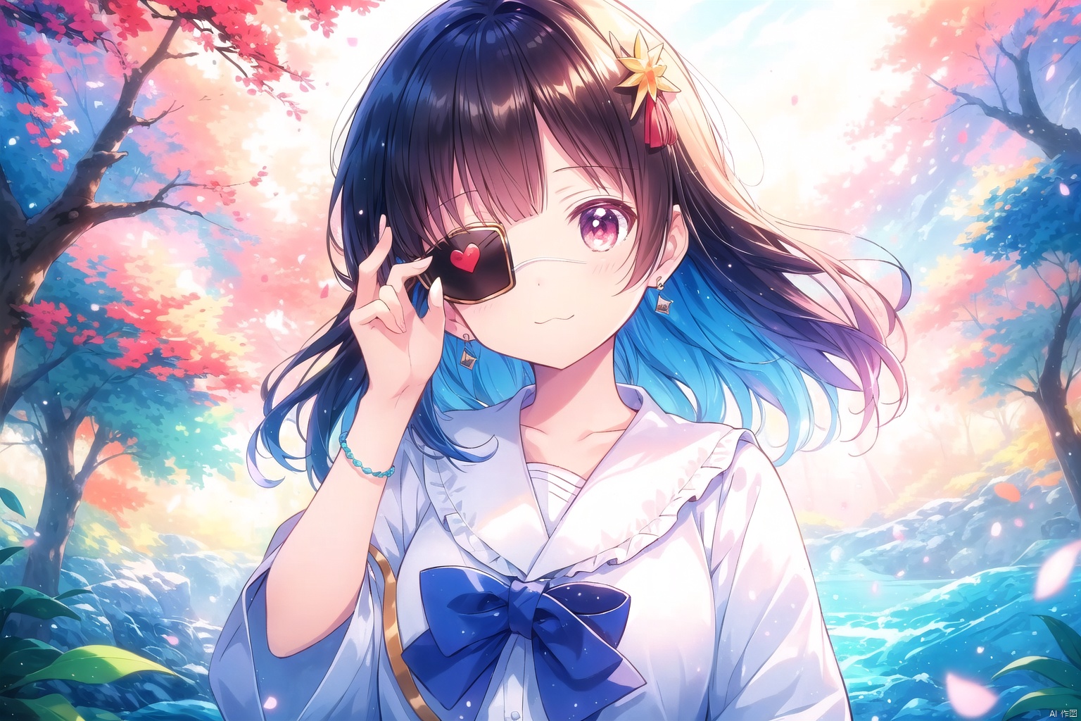  (masterpiece), (best quality), illustration, ultra detailed, hdr, Depth of field, (colorful),[miwano rag],[wlop],[[wakaba]],[haneru],deyui, 1girl, eyepatch, virtual youtuber, looking at viewer, solo, :}