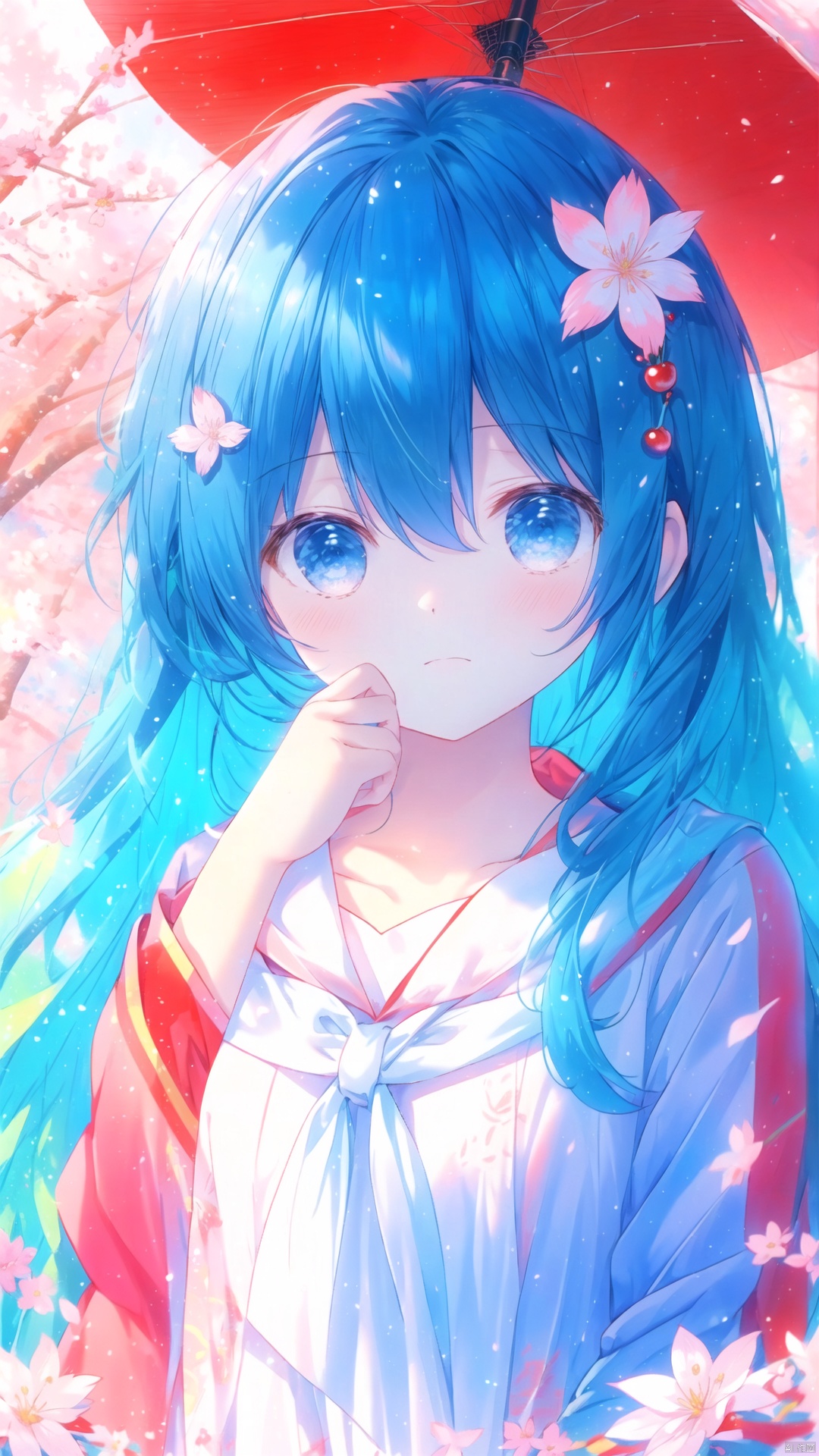  The image features a beautiful anime girl dressed in a flowing white and red dress, standing amidst a flurry of red cherry blossoms. The contrast between her white dress and the red flowers creates a striking visual effect. The lighting in the image is well-balanced, casting a warm glow on the girl and the surrounding flowers. The colors are vibrant and vivid, with the red cherry blossoms standing out against the white sky. The overall style of the image is dreamy and romantic, perfect for a piece of anime artwork. The quality of the image is excellent, with clear details and sharp focus. The girl's dress and the flowers are well-defined, and the background is evenly lit, without any harsh shadows or glare. From a technical standpoint, the image is well-composed, with the girl standing in the center of the frame, surrounded by the blossoms. The use of negative space in the background helps to draw the viewer's attention to the girl and the flowers. The cherry blossoms, often associated with transience and beauty, further reinforce this theme. The girl, lost in her thoughts, seems to be contemplating the fleeting nature of beauty and the passage of time. Overall, this is an impressive image that showcases the photographer's skill in capturing the essence of a scene, as well as their ability to create a compelling narrative through their art.catgirl,loli, kanade, (\shen ming shao nv\), cozy anime, 1girl, solo, long hair, looking at viewer, hair, blurry, blurry background, blush, bangs, depth of field,cuteloli,solo,long hair,blue eyes,shirt,hair between eyes,very long hair,blue hair,standing,jacket,,shorts,school_girl,schooluniform,blue jacket,track jacket,, kanade, watercolor \(medium\), (masterpiece), (best quality), illustration, ultra detailed, hdr, Depth of field, (colorful),loli