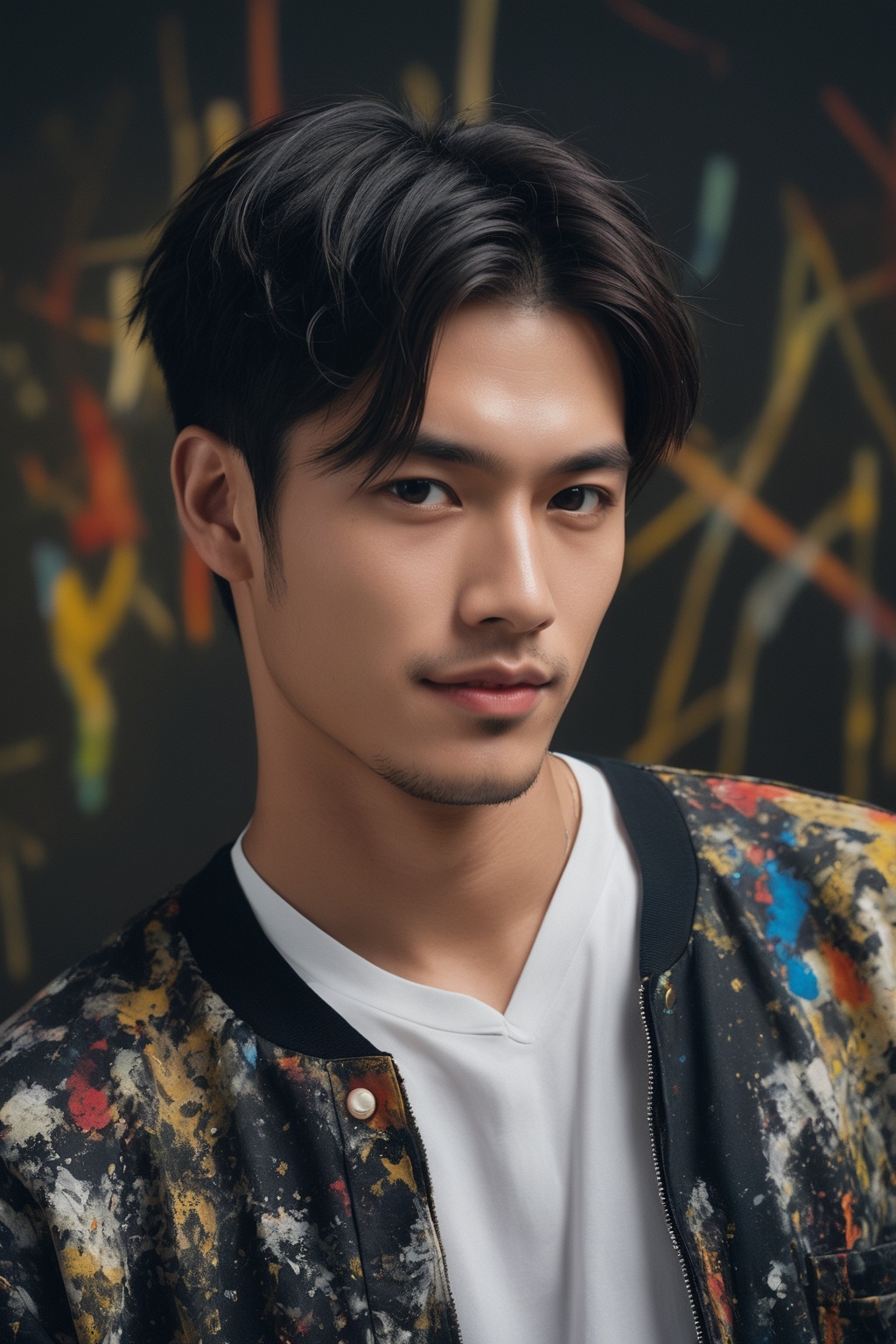 Hasselblad photo portrait of a handsome and mysterious Tokyo young male model,  wearing urban clothes inspired by Jackson...
