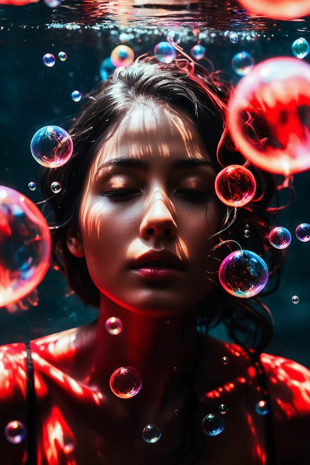 a portrait of a women submerged,  with streams of red and black ink swirling around them,  resembling billowing smoke unde...