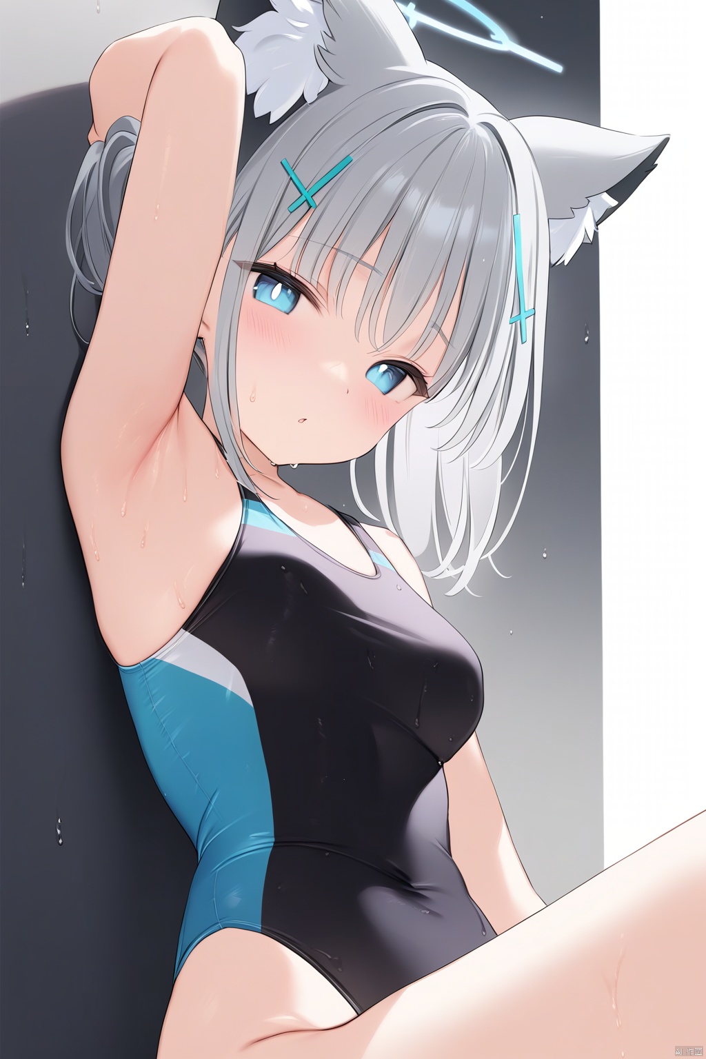  1girl,(masterpiece:1.3),( beautiful:1.2),(high quality:1.2),(finely detailed:1.2),extremely detailed CG unity 8k wallpaper,best quality,a very delicate and beautiful,perfect fingers,(one cute girl at the center:1.2),mignon, 
shiroko,bangs, blue eyes, hair ornament, animal ears, medium breasts, swimsuit, ponytail, grey hair, medium hair, armpits,wet, animal ear fluff, one-piece swimsuit, covered navel, halo, bright pupils, multicolored clothes, extra ears, competition swimsuit, black one-piece swimsuit, cross hair ornament, multicolored swimsuit, mismatched pupils, shiroko \(blue archive\), shiroko \(swimsuit\) \(blue archive\),shirokoSwimsuit,