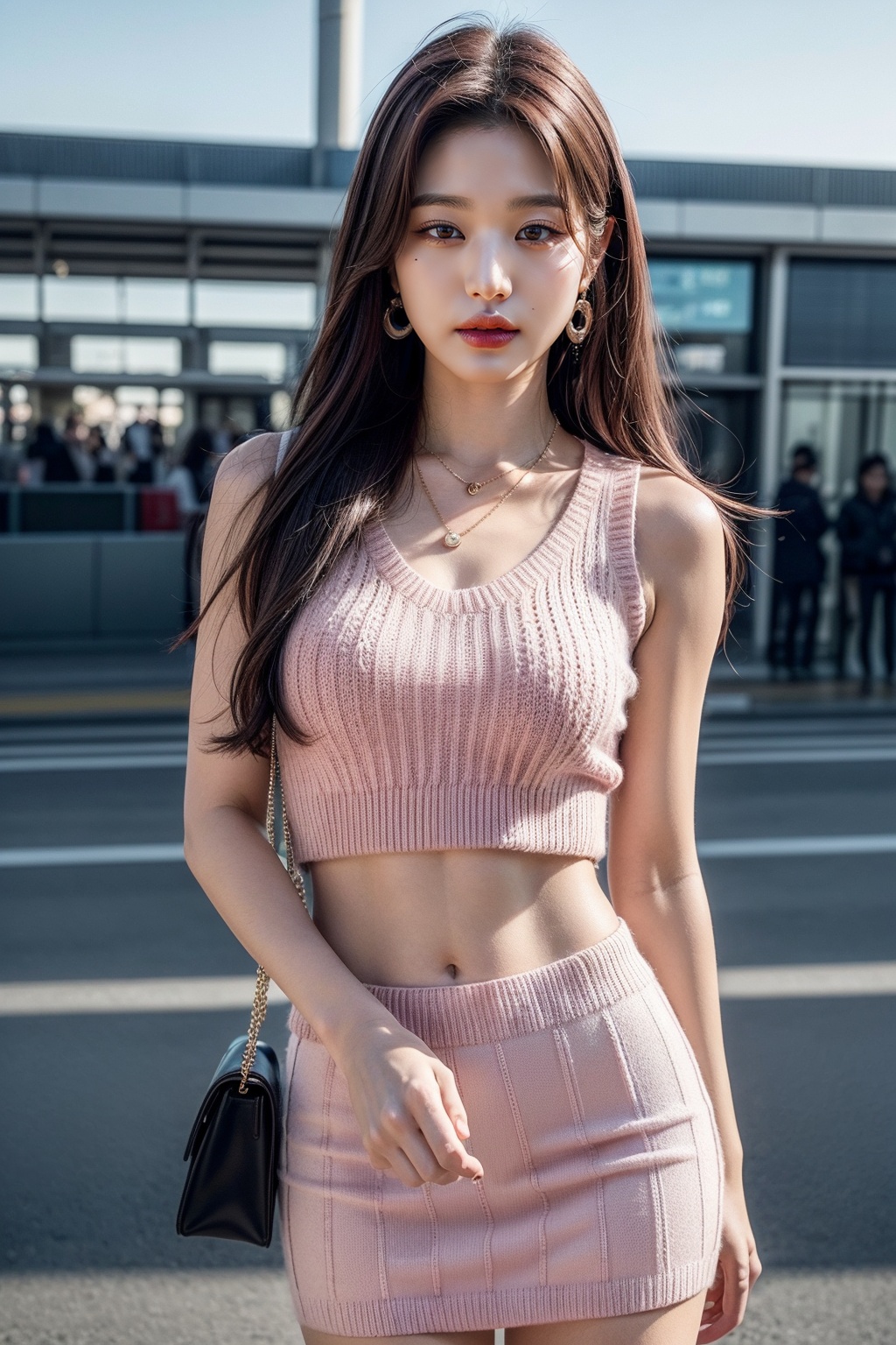 jangwonyoung,1girl,((realistic)), ((hyperrealism)),((best quality)), (((masterpiece))),((ultra high res)),((ultradetailed)), (photorealistic:1.4), idol, (looking at viewer:2), <lora:add_detail:0.6>,detailed face,detailed eyes,outdoors,<lora:Wonyoung_v1:1:FACES>    ,wide shot, panorama, cowboy shot, (flat chest), dynamic pose, dynamic angle, (slim body, slim legs),outdoors, parted lips, (pink sleeveless knit top), (pink knit skirt), midriff,  abs, , necklace, earrings, very long hair, miu miu, airport, shoulder bag, strappy heels, 
