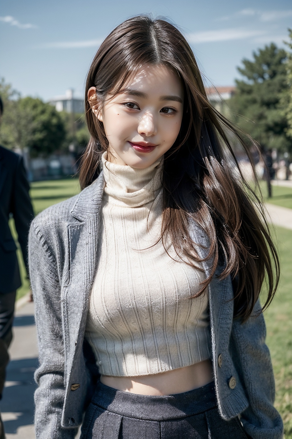 jangwonyoung,1girl,((realistic)), ((hyperrealism)),((best quality)), (((masterpiece))),((ultra high res)),((ultradetailed)), (photorealistic:1.4), idol, (looking at viewer:2), <lora:add_detail:0.6>,detailed face,detailed eyes,outdoors,<lora:Wonyoung_v3.1:1>,wide shot, panorama, dynamic pose, dynamic angle, film grain, Fujifilm XT3,outdoors, smile, walking,(Plaid_blazer:1.4),(Turtleneck_sweater:1.3),(Cropped_trousers:1.2) [格纹西装外套, 高领毛衣, 七分裤],  