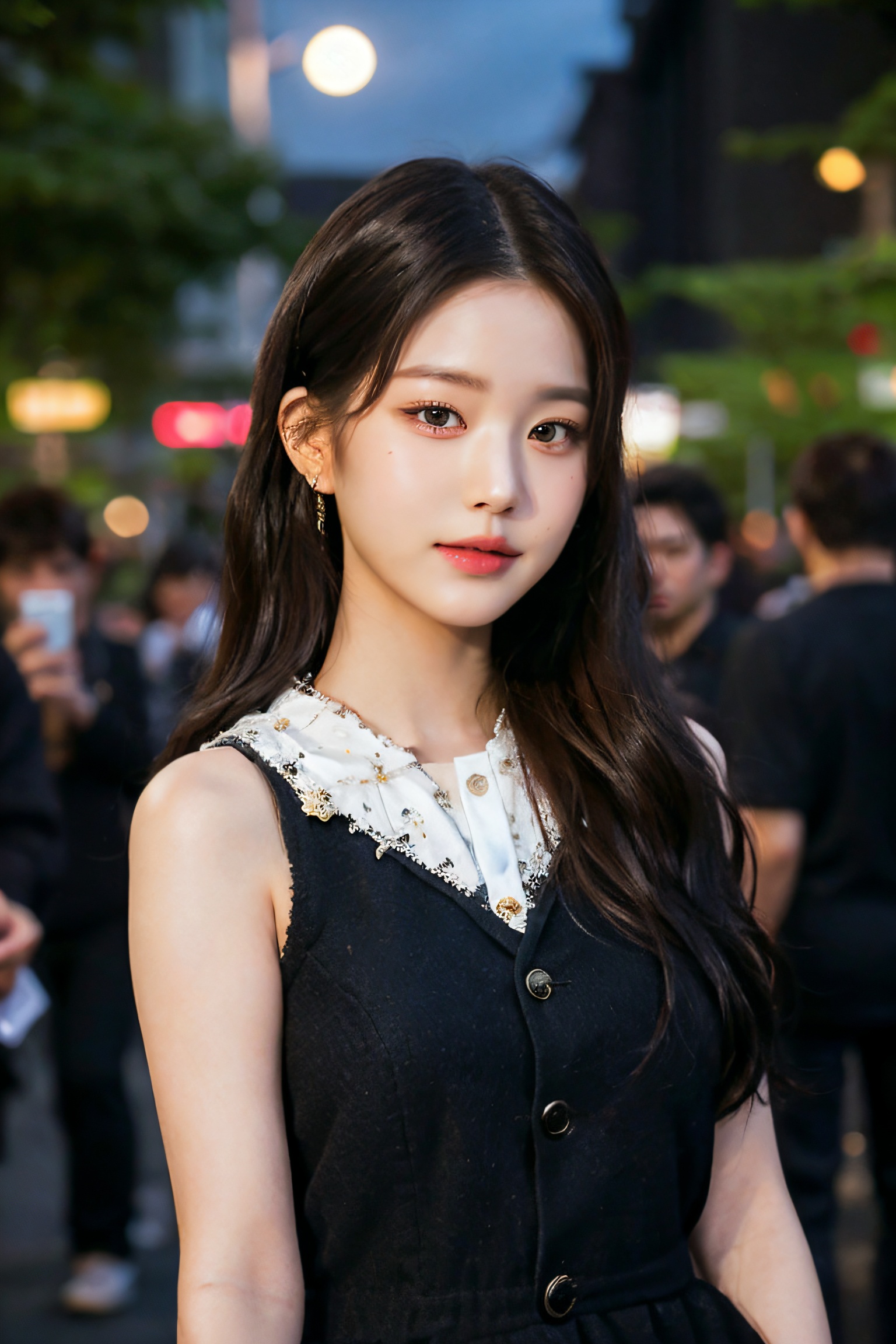 ((upper body:1.2)), nikon RAW photo,8 k, Fujifilm XT3,masterpiece, best quality, realistic, photorealistic, ultra detailed, extremely detailed face, solo,1girl, standing, fashionable and trendy atmosphere, and a stylish expression on her face, close up, black dress, walking, at the dark streets, moonrise, sleeveless, fabric clothes,