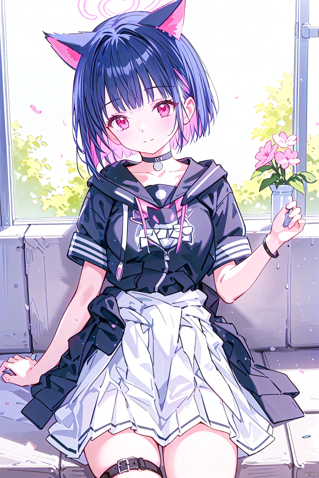  1girl,(masterpiece:1.3),( beautiful:1.2),(high quality:1.2),(finely detailed:1.2),extremely detailed CG unity 8k wallpaper,best quality,a very delicate and beautiful,perfect fingers,(one cute girl at the center:1.2),
 kazusaBA,short hair, breasts, bangs, skirt,shirt, black hair, red eyes,animal ears, medium breasts, closed mouth, jacket, white shirt, pink hair, short sleeves, multicolored hair, pleated skirt, choker, cat ears, blunt bangs, pink eyes, two-tone hair, official alternate costume, black jacket, thigh strap, mask, alternate hairstyle, black choker, halo, white skirt,colored inner hair, clothes around waist, jacket around waist,kazusaBand,