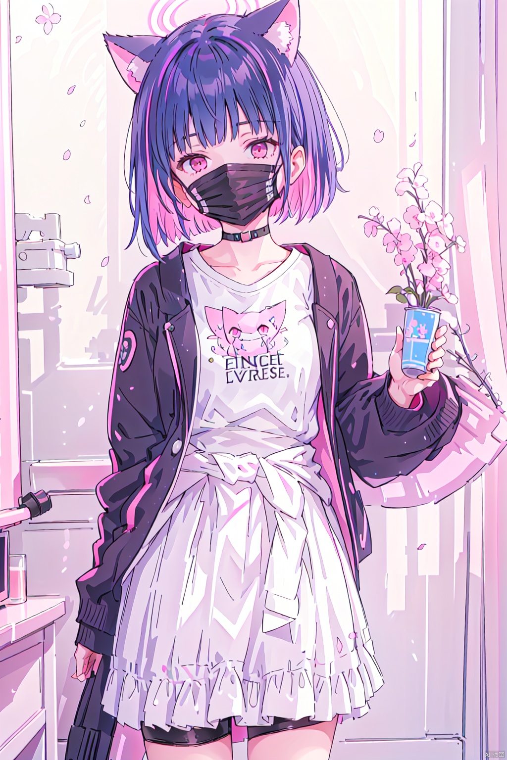  1girl,(masterpiece:1.3),( beautiful:1.2),(high quality:1.2),(finely detailed:1.2),extremely detailed CG unity 8k wallpaper,best quality,a very delicate and beautiful,perfect fingers,(one cute girl at the center:1.2),
 kazusaBA,short hair, breasts, bangs, skirt,shirt, black hair, red eyes,animal ears, medium breasts, closed mouth, jacket, white shirt, pink hair, short sleeves, multicolored hair, pleated skirt, choker, cat ears, blunt bangs, pink eyes, two-tone hair, official alternate costume, black jacket, thigh strap, mask, alternate hairstyle, black choker, halo, white skirt,colored inner hair, clothes around waist, jacket around waist,kazusaBand,