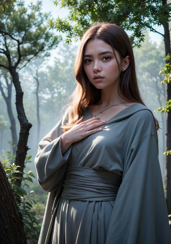 beautiful girl in gray robe standing in the dark forest,  epic style,  octane render on Tensor.Art