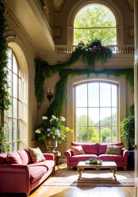 Architectural digest photo of a maximalist green solar living room with lots of flowers and plants,  golden light,  hyperr...