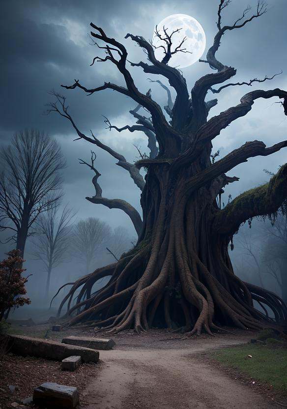 realistic image of an ancient,  haunted tree,  powerful on Tensor.Art