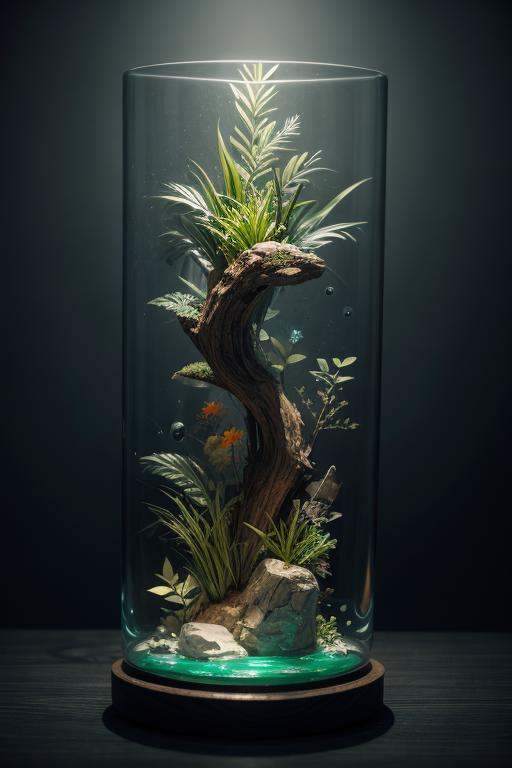 masterpiece of glass sculpture with plants inside,  water,  glowing on Tensor.Art