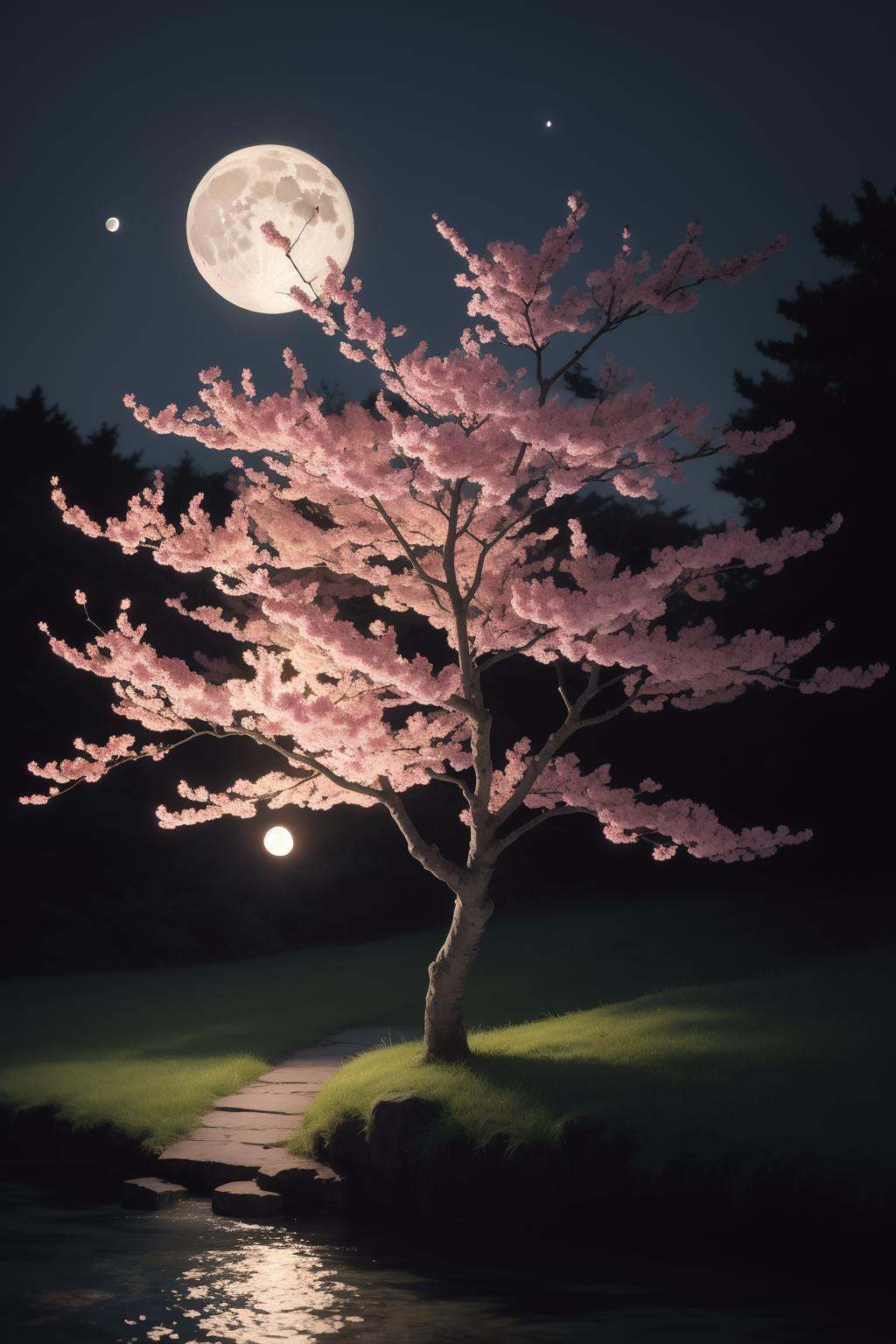 A painting of a plum blossom tree with the moon in the background,  inspired by George Lacom,  James M. R. Izzy on Tensor.Art