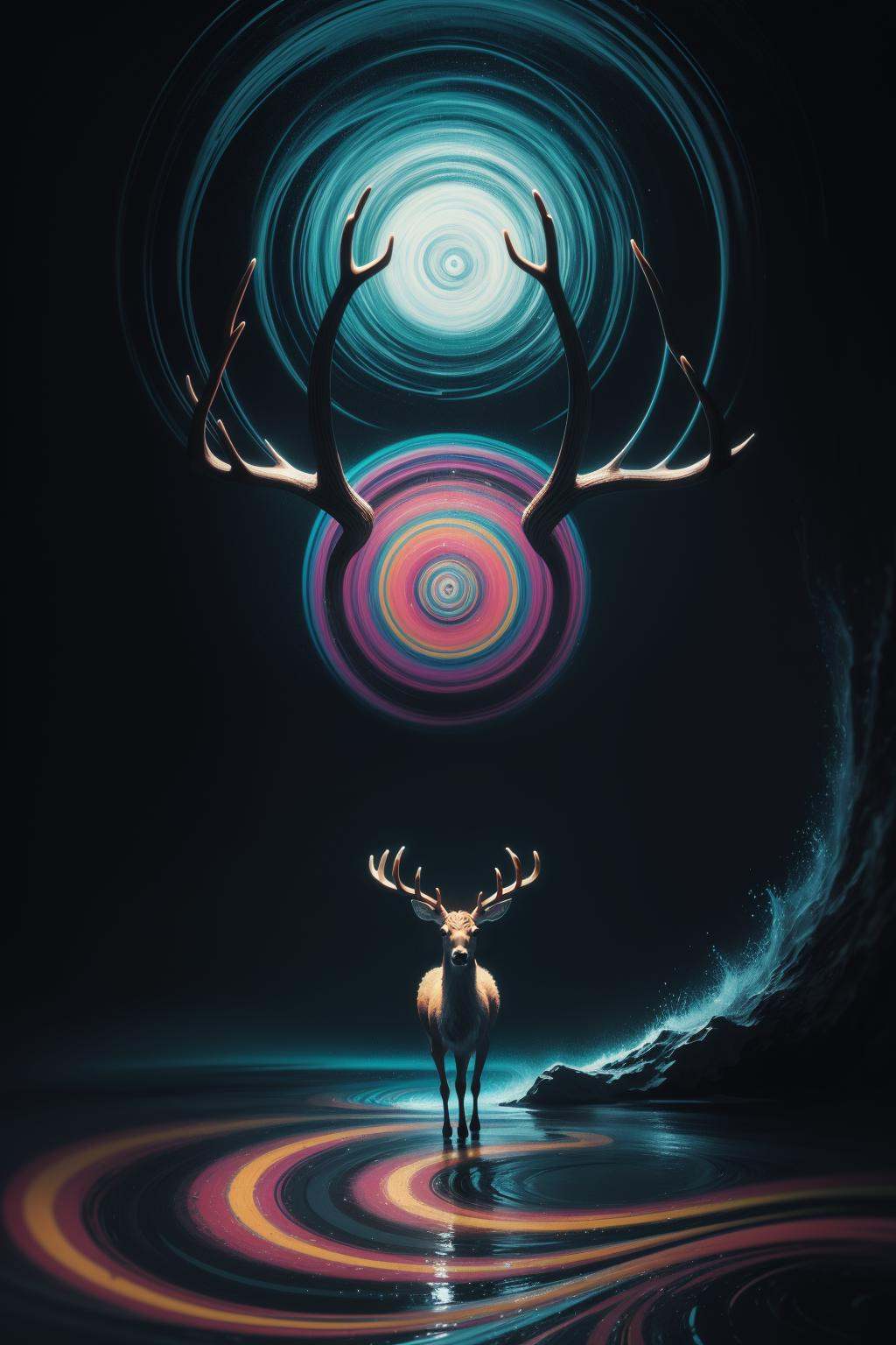 (Psychedelic painting of a deer standing in front of a colorful swirl),  ((multiple antlers,  stag on Tensor.Art