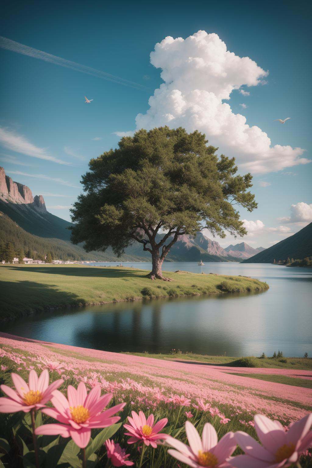 landscape,  colorful,  pink flowers on Tensor.Art