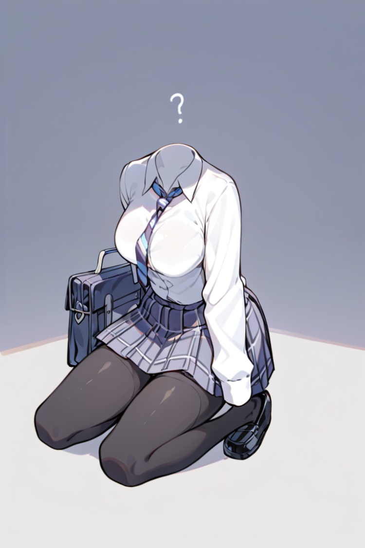 invisible person,1girl, skirt, solo, shirt, white shirt, school uniform, necktie, long sleeves, striped necktie, black footwear, pantyhose, shoes, plaid, kneeling, thighhighs, bag, school bag, ,<lora:toumingren-000010:0.9>,