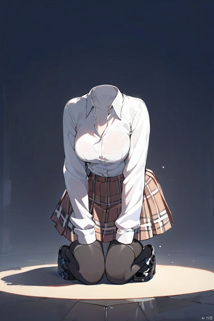 invisible person, 1girl,kneeling down,digital art, white shirt, plaid skirt, black shoes, transparent effect,from front<lora:EMS-325955-EMS:1.000000>