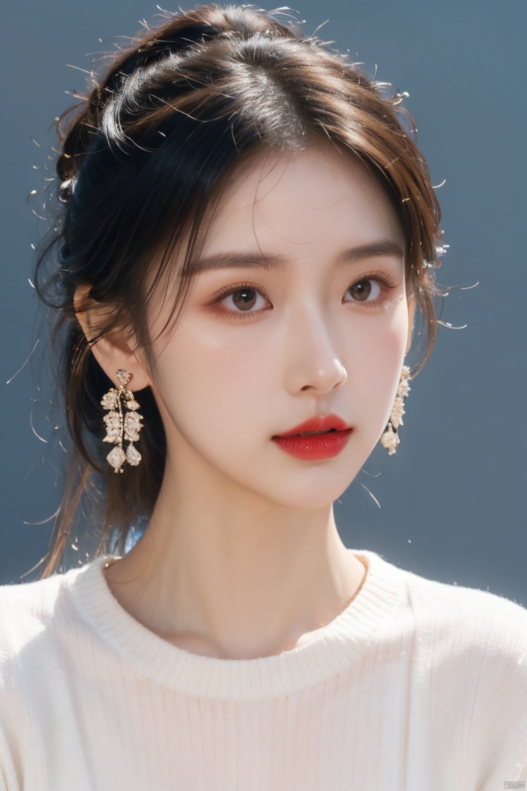  1girl, solo, jewelry, realistic, earrings, looking at viewer, lips, lipstick,white sweater, portrait, black hair, long hair, nose, piercing, long sleeves, closed mouth, eyelashes, double bun, ear piercing, close-up, 1 girl