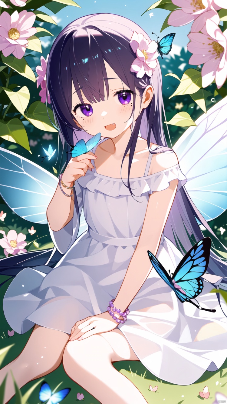  1girl, kashiwazaki sena, kochou shinobu, uruha rushia, solo, best quality, blurry background, looking at viewer, sitting, looking at animal, crying with eyes open, flying, blush, open mouth, purple eyes, mole under eye, black hair, multicolored hair, butterfly hair ornament, very long hair, hair flower, bangs, white dress, sleeveless dress, bird on shoulder, bare shoulders, ring, butterfly wings, insect wings, bracelet, pink flower, blue butterfly, fang, depth of field, outdoors, blurry foreground, bare arms, butterfly on hand, glowing butterfly, white butterfly, yellow butterfly, dragonfly, beetle, paper crane, butterfly net, fairy, bird on head, sparrow, pinwheel, spider, ladybug, bird on hand, ginkgo leaf, butterfly print, shuriken, saint quartz \(fate\), crow, squiggle, jet, parrot, deer, dove, purple flower, motion blur, blue feathers, mikazuki yozora, :d, daisy

