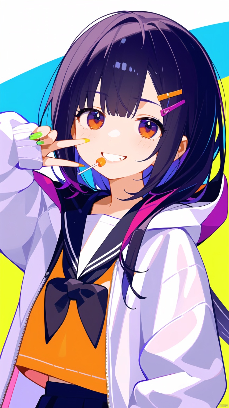  1girl, solo, best quality, yellow background, upper body, looking at viewer, holding, smile, mouth hold, food in mouth, teeth, red eyes, long hair, purple hair, multicolored hair, bangs, hairclip, white shirt, hooded jacket, open jacket, hoodie, hood up, long sleeves, sleeves past wrists, sailor collar, orange nails, nail polish, yellow nails, blue nails, multicolored nails, purple nails, green nails, black nails, pink nails, aqua nails, long fingernails, lollipop, arm up, cellphone, double v