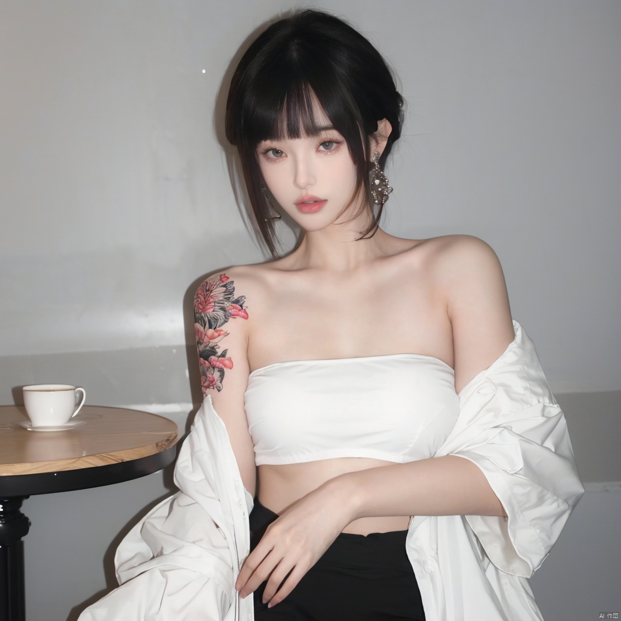  1girl, solo, looking at viewer, short hair, bangs, black hair, jewelry, sitting, jacket, upper body, earrings, blunt bangs, cup, lips, white jacket, grey eyes, strapless, tattoo, chair, table, bandeau, white tube top, arm tattoo, A girl with a tattoo on her right should,clean background, Light master