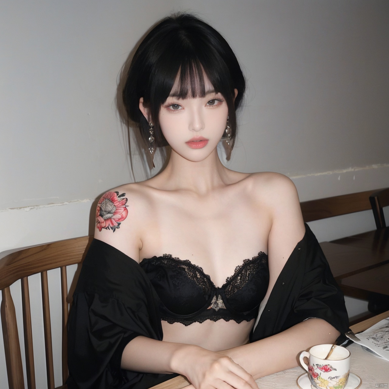  1girl, solo, looking at viewer, short hair, bangs, black hair, jewelry, sitting, jacket, upper body, earrings, blunt bangs, cup, lips, Bra, small amount of dress lace, grey eyes, strapless, tattoo, chair, table, bandeau, tube top, arm tattoo, A girl with a tattoo on her right should,clean background, Light master