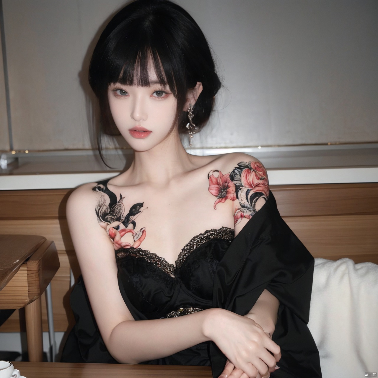  1girl, solo, looking at viewer, short hair, bangs, black hair, jewelry, sitting, jacket, upper body, earrings, blunt bangs, cup, lips, Bra, small amount of dress lace, grey eyes, strapless, tattoo, chair, table, bandeau, tube top, arm tattoo, A girl with a tattoo on her right should,clean background, Light master