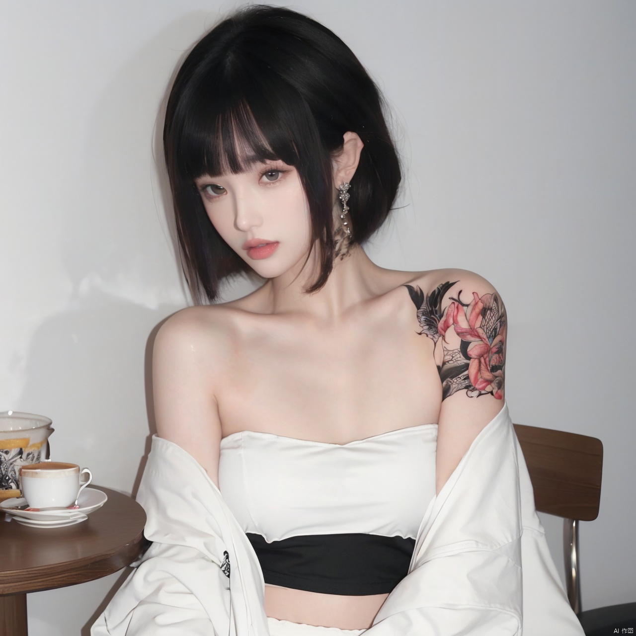  1girl, solo, looking at viewer, short hair, bangs, black hair, jewelry, sitting, jacket, upper body, earrings, blunt bangs, cup, lips, white jacket, grey eyes, strapless, tattoo, chair, table, bandeau, white tube top, arm tattoo, A girl with a tattoo on her right should,clean background, Light master