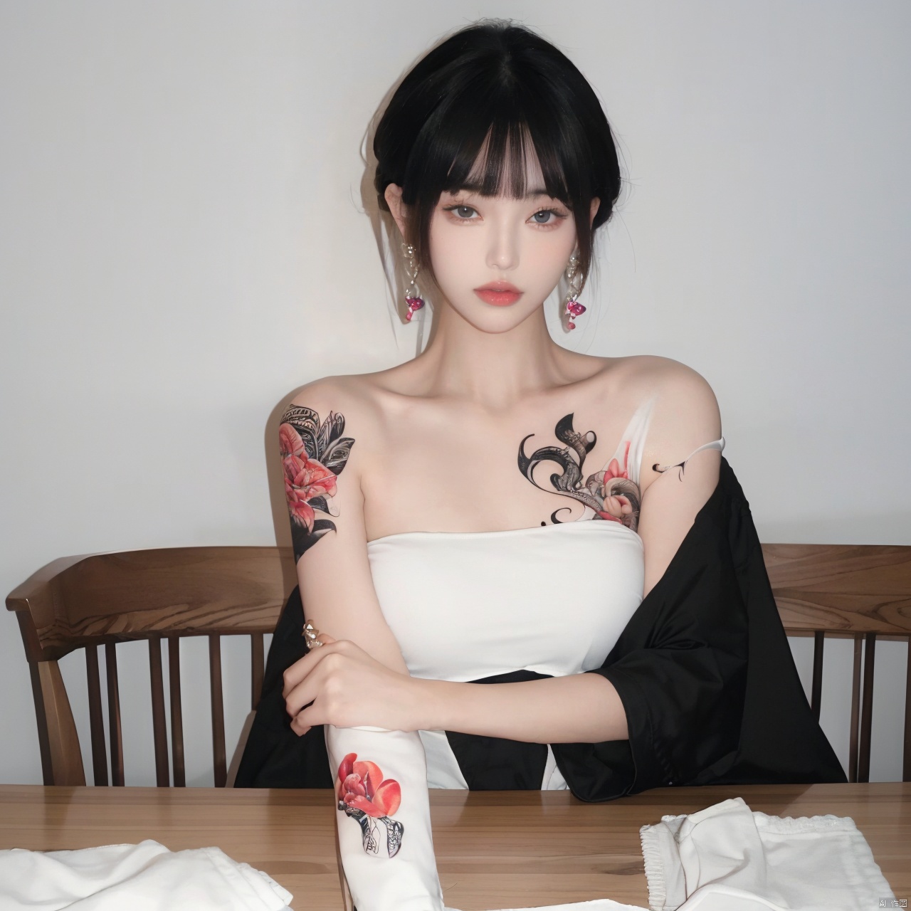  1girl, solo, looking at viewer, short hair, bangs, black hair, jewelry, sitting, jacket, upper body, earrings, blunt bangs, cup, lips, white jacket, grey eyes, strapless, tattoo, chair, table, bandeau, white tube top, arm tattoo, A girl with a tattoo on her right should,clean background, Light master