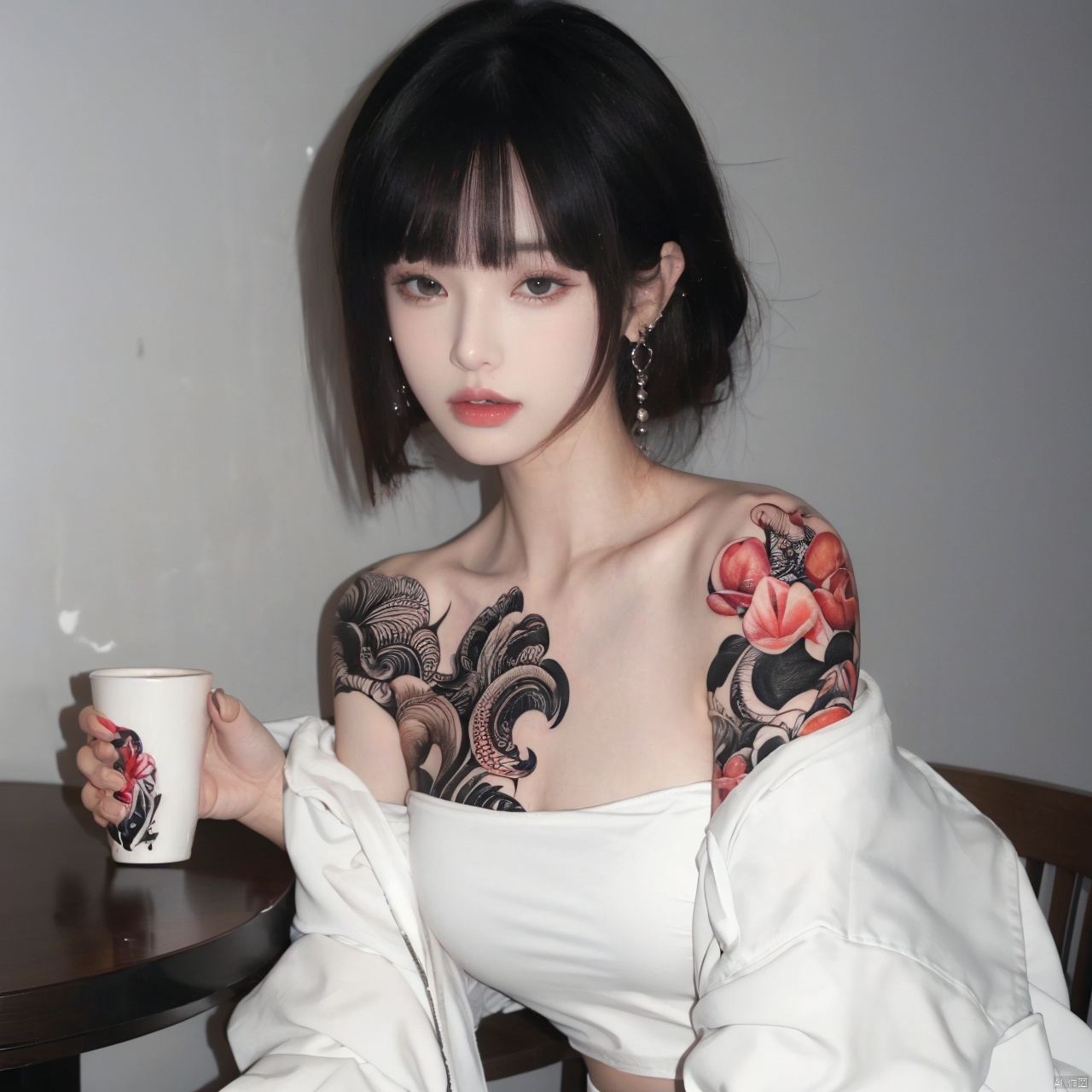  1girl, solo, looking at viewer, short hair, bangs, black hair, jewelry, sitting, jacket, upper body, earrings, blunt bangs, cup, lips, white jacket, grey eyes, strapless, tattoo, chair, table, bandeau, white tube top, arm tattoo, A girl with a tattoo on her right should,clean background, Light master