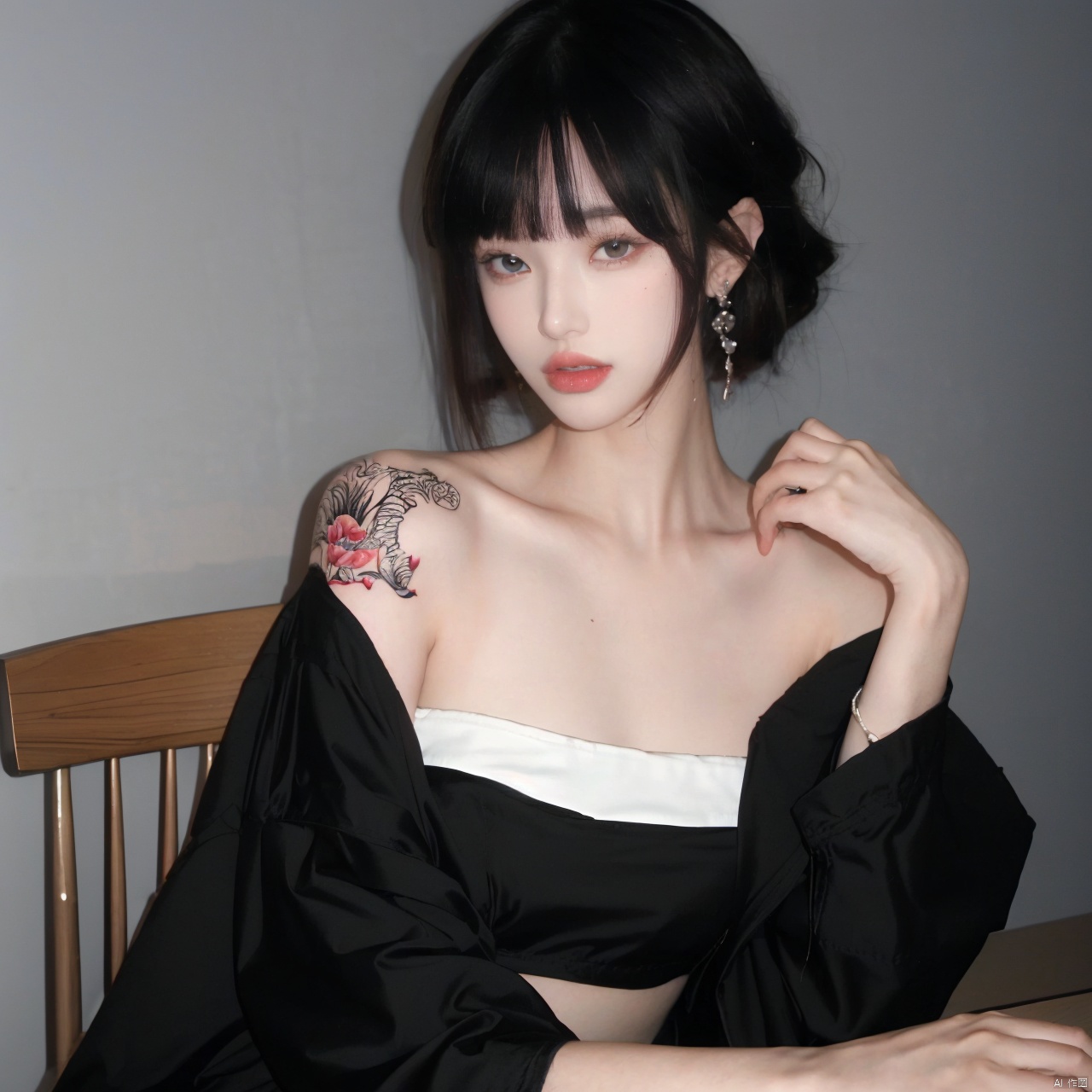  1girl, solo, looking at viewer, short hair, bangs, black hair, jewelry, sitting, jacket, upper body, earrings, blunt bangs, cup, lips, black jacket, grey eyes, strapless, tattoo, chair, table, bandeau, tube top, arm tattoo, A girl with a tattoo on her right should,clean background, Light master
