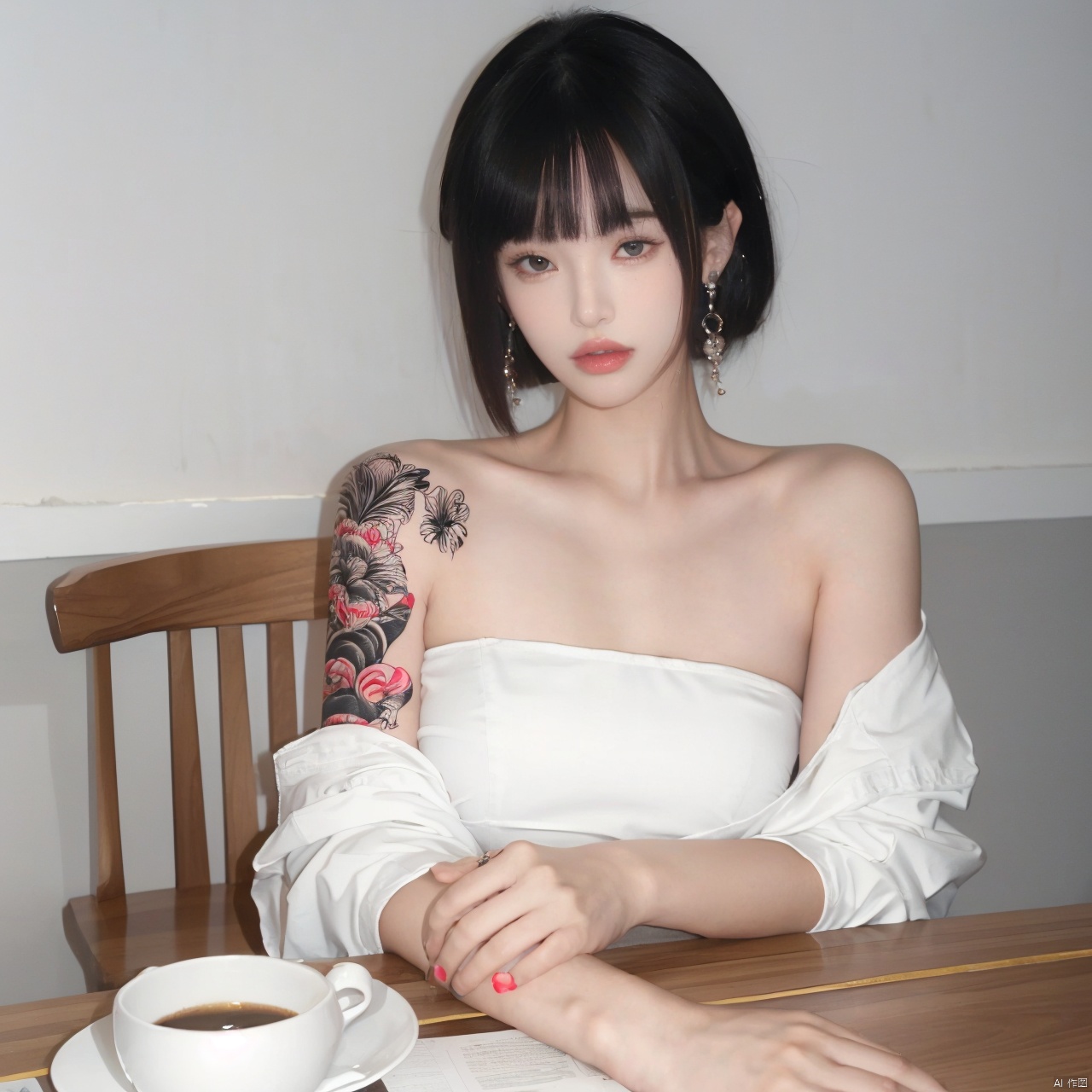  1girl, solo, looking at viewer, short hair, bangs, black hair, jewelry, sitting, jacket, upper body, earrings, blunt bangs, cup, lips, white jacket, grey eyes, strapless, tattoo, chair, table, bandeau, white tube top, arm tattoo, A girl with a tattoo on her right should,clean background, Light master