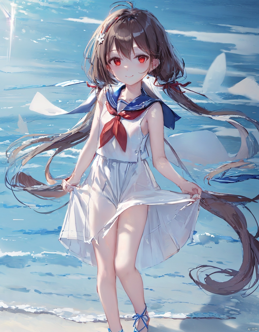  (masterpiece, extremely detailed 8k wallpaper,best quality), (best illumination, best shadow, extremely delicate and beautiful), floating, finely detail, Depth of field (bloom), (shine), glinting stars,classic, (illustration), (sketch),(panorama),detailed eyes,perfect face,full body,
1girl, solo, long hair, twintails, smile, dress, red eyes, looking at viewer, arms behind back, sailor dress, white dress, sailor collar, neckerchief, very long hair, red neckerchief, closed mouth, bangs, hair ribbon, ribbon, ocean, outdoors, blue sailor collar, brown hair, (\shuang hua\), childpaiting