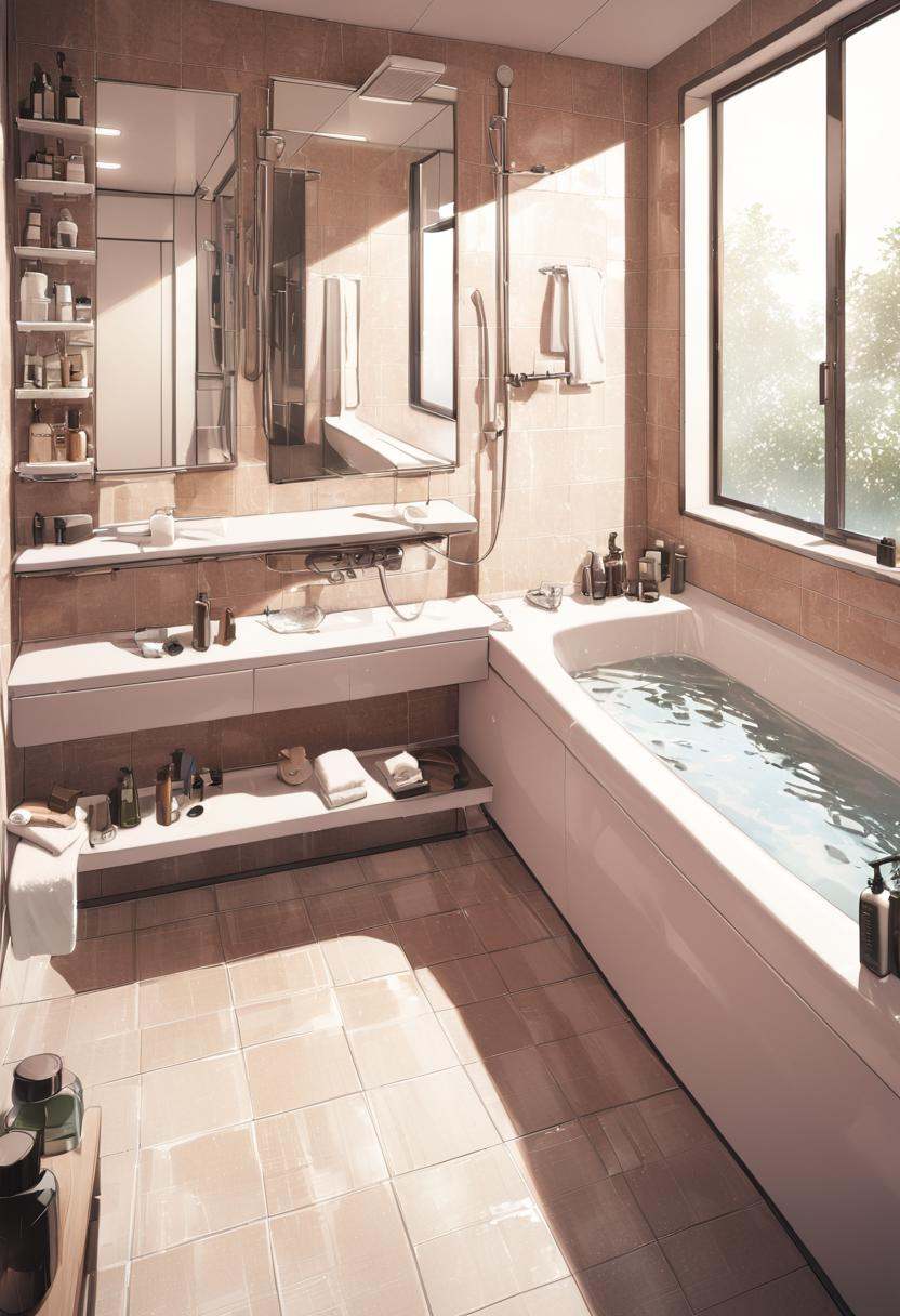 masterpiece, best quality, ultra-detailed, illustration,JMF, scenery, mirror, bathroom, faucet, indoors, bathtub, soap bottle, reflection, towel, tiles, shower (place), window, tile wall, shower head, bottle, lamp, water, <lora:JMF_SDXL_V1:0.8>