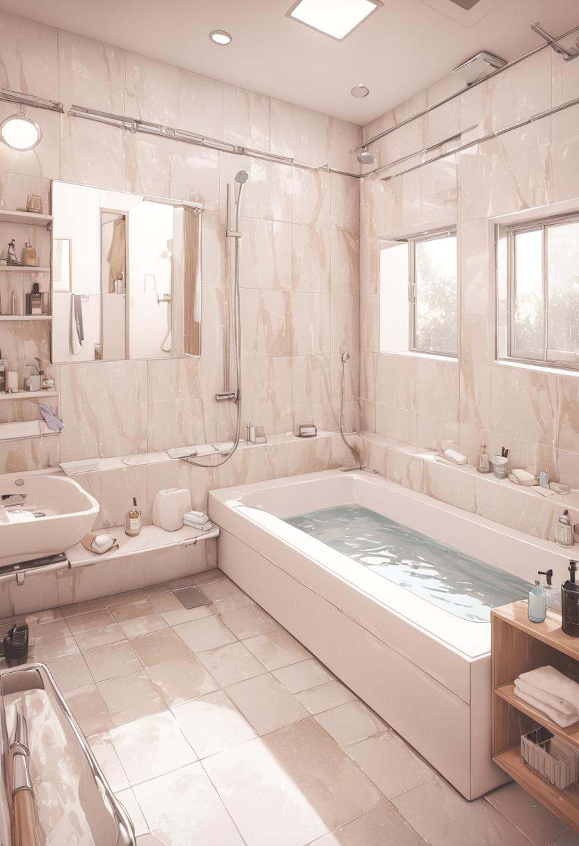 masterpiece, best quality, ultra-detailed, illustration,JMF, scenery, mirror, bathroom, faucet, indoors, bathtub, soap bottle, reflection, towel, tiles, shower (place), window, tile wall, shower head, bottle, lamp, water, <lora:JMF_SDXL_V1:0.8>