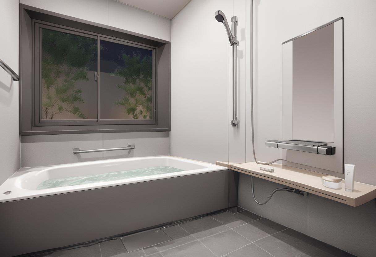 JMF2, scenery, window, faucet, bathtub, bathroom, indoors, tile wall, tilesmasterpiece, best quality,  highres, <lora:JMF2_SDXL_V1:1>