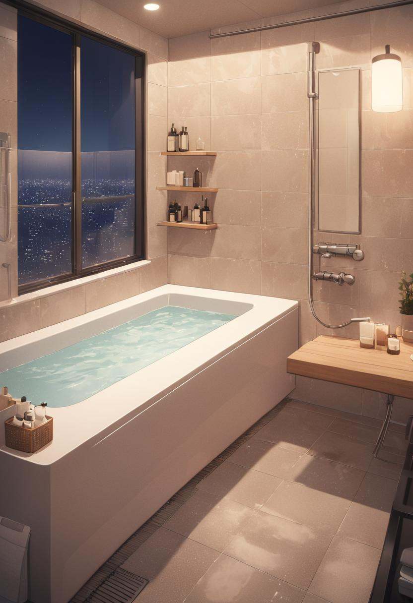JMF, scenery, window, faucet, bathtub, bathroom, indoors, tile wall, tiles, night, night sky, lamp, shower \(place\), best quality,  highres, illustration,  <lora:JMF_SDXL_V3:0.8>