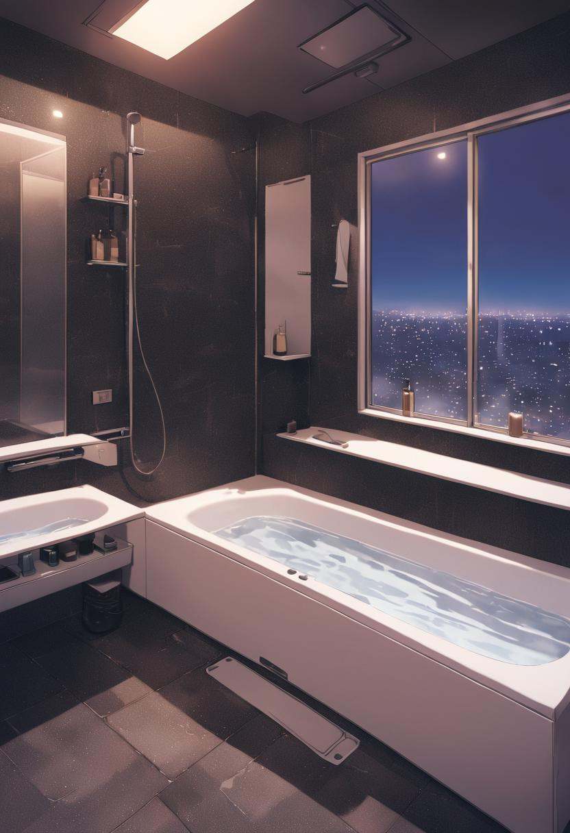 JMF, scenery, window, faucet, bathtub, bathroom, indoors, tile wall, tiles, night, night sky, lamp, shower \(place\), best quality,  highres, novel illustration,  <lora:JMF_SDXL_V3:1>