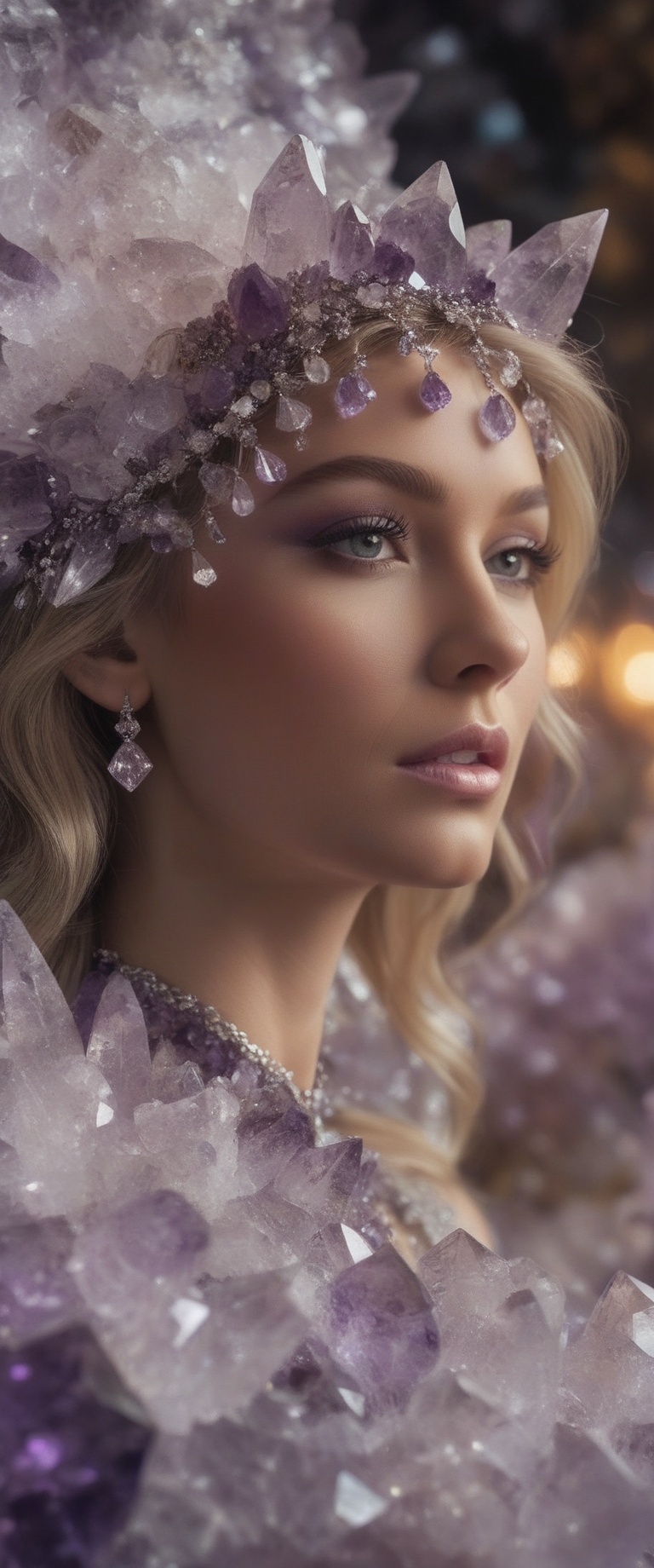 A closeup of an enchanting scene featuring a crystalized woman adorned in delicate amethyst and quartz crystals,  radiatin...