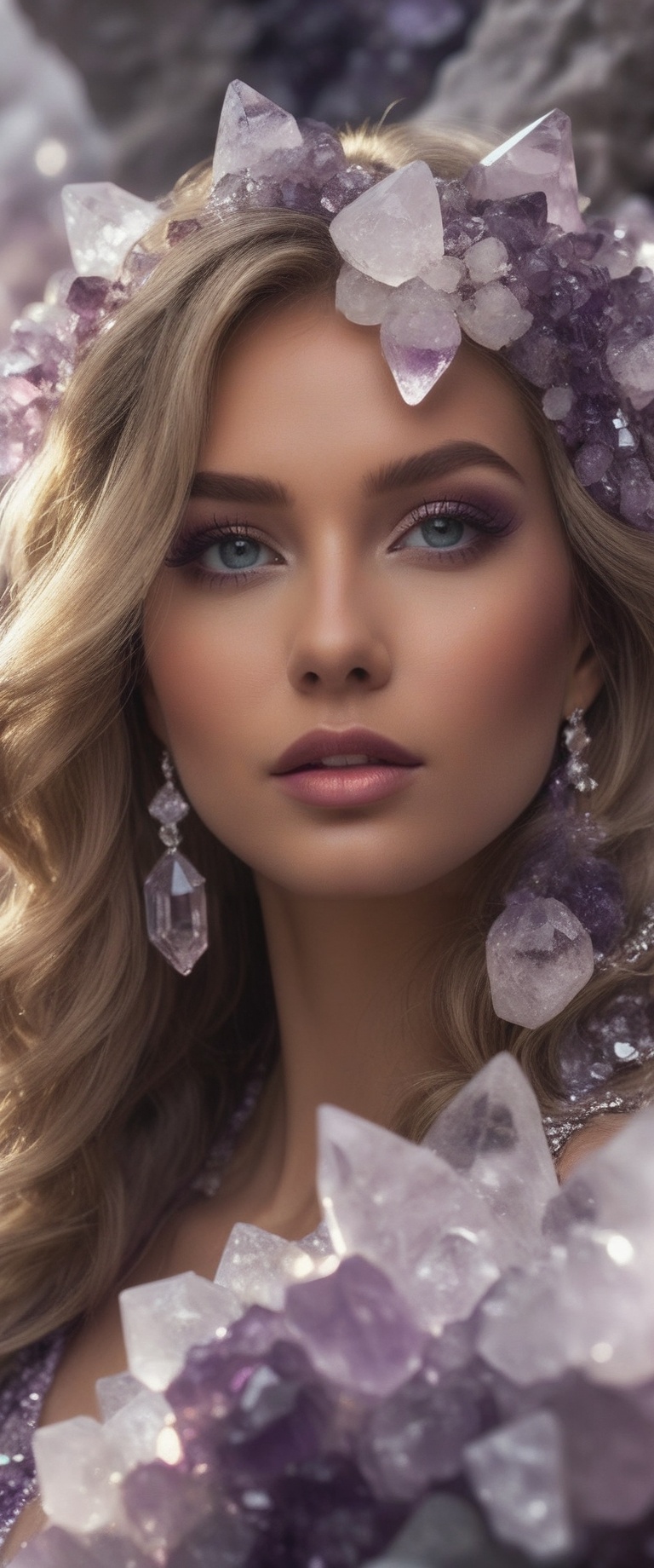 A closeup of an enchanting scene featuring a crystalized woman adorned in delicate amethyst and quartz crystals,  radiatin...