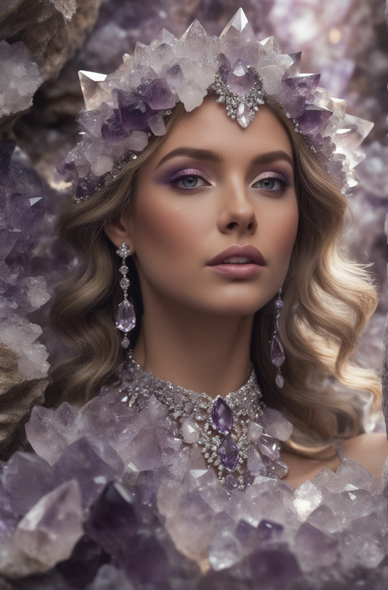 A closeup of an enchanting scene featuring a crystalized woman adorned in delicate amethyst and quartz crystals,  radiatin...