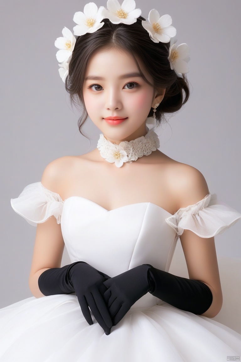  figure,masterpiece,best quality,1girl,solo,looking at viewer,white background,hair flower,black gloves,dress,alternate costume,bell,blush,sitting,detached sleeves,simple background,bare shoulders,open mouth,white flower,