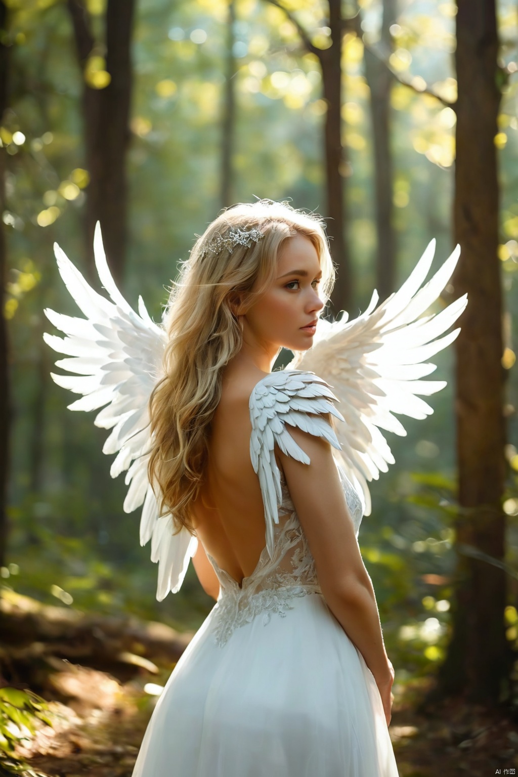 a woman nude, (has_wings, angel_wings:1.3),angelic background, blond hair,
good hand,4k, high-res, masterpiece, best quality, head:1.3,((Hasselblad photography)), finely detailed skin, sharp focus, (cinematic lighting), soft lighting, dynamic angle, [:(detailed face:1.2 ):0.2], big breasts,(((inside a forest))),  , ,  